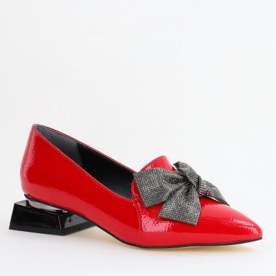 Pantofi cu Toc Jos Eleganti cu Fundita din Piele Ecologica culoare roșu lac (BS162BA2404069)