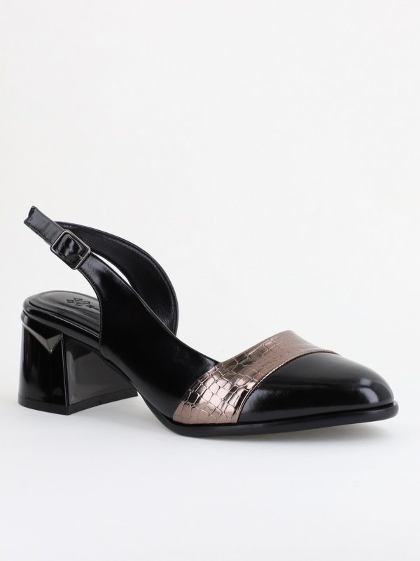 Incaltaminte Dama - Pantofi Damă cu Toc Gros din Piele Ecologică culoare negru platina(BS201AY2403871)