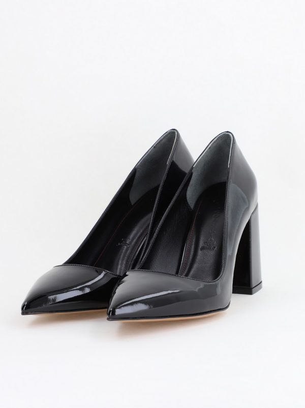 Pantofi Damă cu Toc Gros din Piele Ecologică texturată Negru lucios BS02AY2404123 6