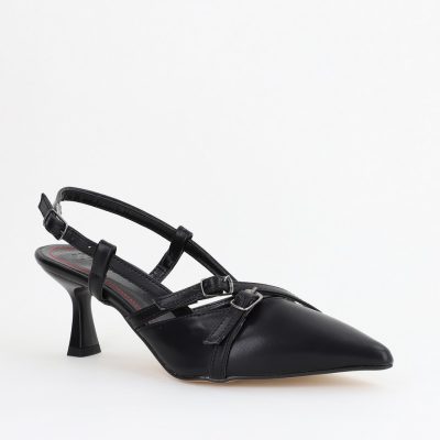 Pantofi Damă cu Toc Subțire din Piele Ecologică cu cataramă Negru mat BS100AY2404140