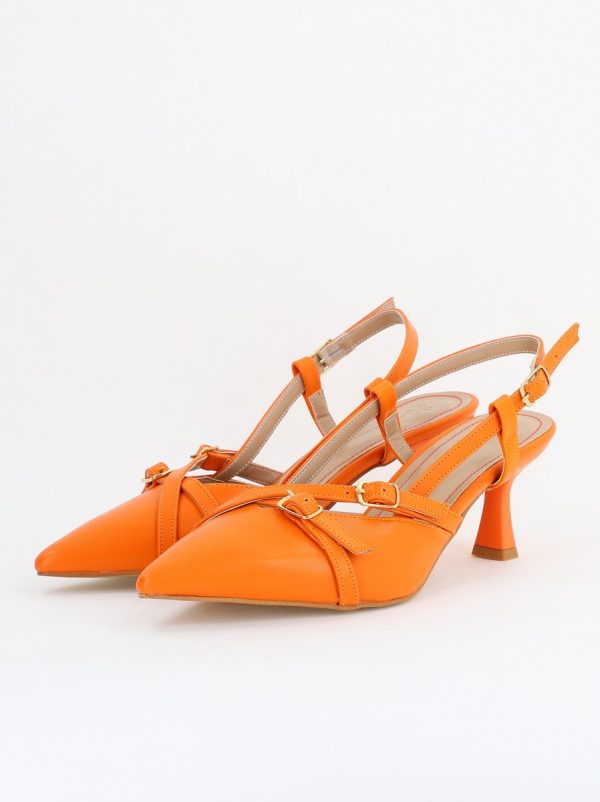 Pantofi Damă cu Toc Subțire din Piele Ecologică cu cataramă portocaliu BS100AY2404142 8