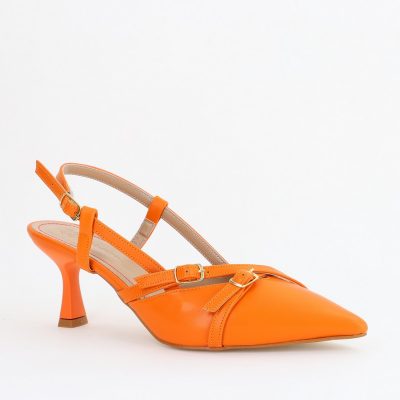 Pantofi Damă cu Toc Subțire din Piele Ecologică cu cataramă portocaliu BS100AY2404142