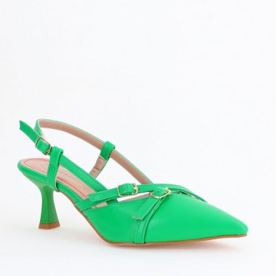 Pantofi Damă cu Toc Subțire din Piele Ecologică cu cataramă verde mat BS100AY2404147
