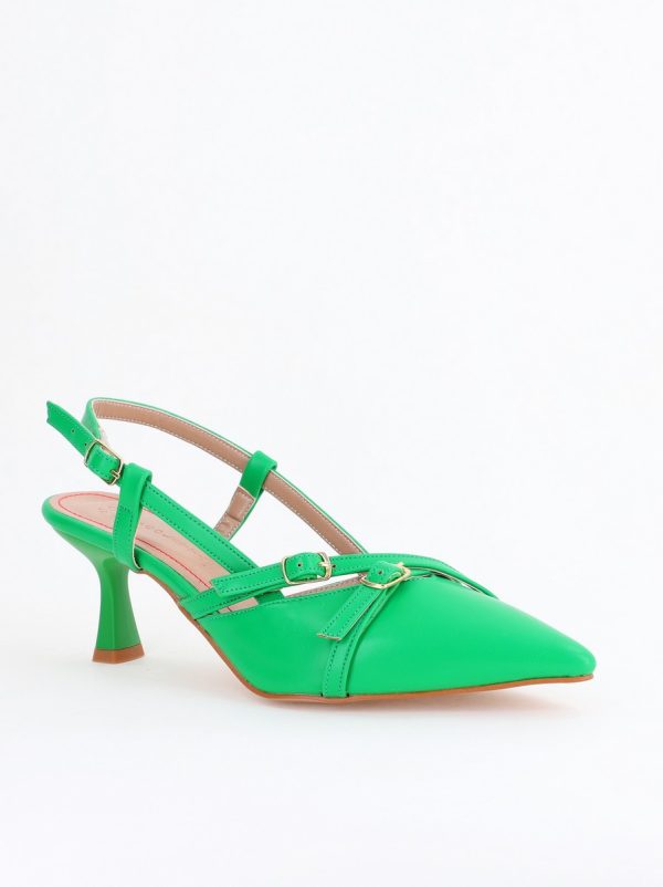 Incaltaminte Dama - Pantofi Damă cu Toc Subțire din Piele Ecologică cu cataramă verde mat BS100AY2404147
