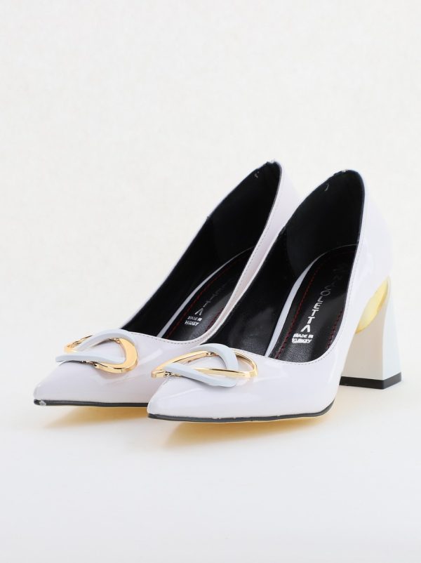 Pantofi pentru femei cu toc gros din piele ecologică în nuanța alb(BS300AY2404165) 7