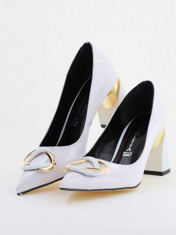 Pantofi pentru femei cu toc gros din piele ecologică în nuanța alb(BS300AY2404165) 5