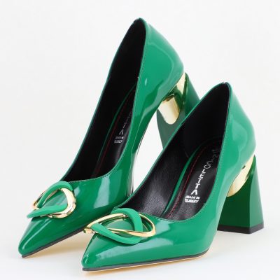Pantofi pentru femei cu toc gros din piele ecologică în nuanța verde (BS300AY2404166)