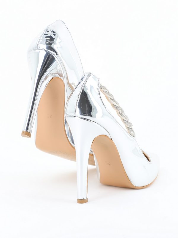 Pantofi Stiletto Damă cu Toc din Piele Ecologică cu pietricele impletite Argintiu (BS505AY2404021) 13