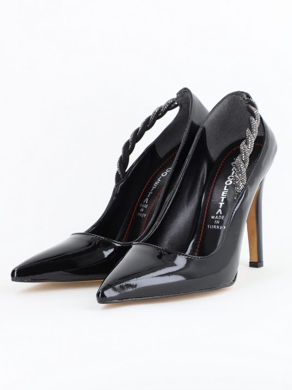 Pantofi Stiletto Damă cu Toc din Piele Ecologică cu pietricele impletite Negru lucios (BS505AY2404027) 9