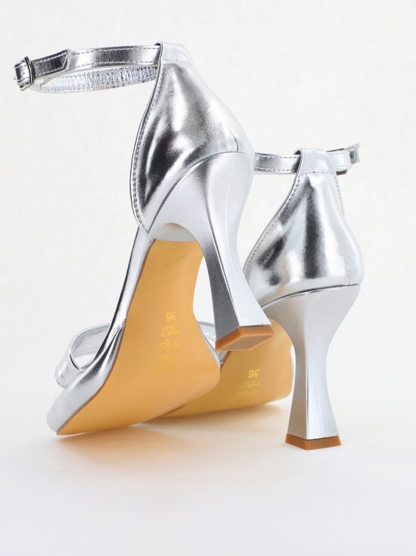 Sandale elegante pentru femei cu toc subțire din piele ecologică de culoare argintiu (BS001HSN2404178) 5