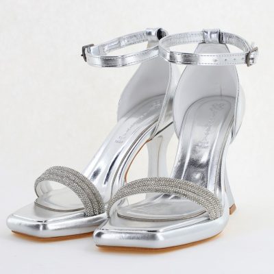 Sandale elegante pentru femei cu toc subțire din piele ecologică de culoare Argintiu metalic (BS013HSN2404181)