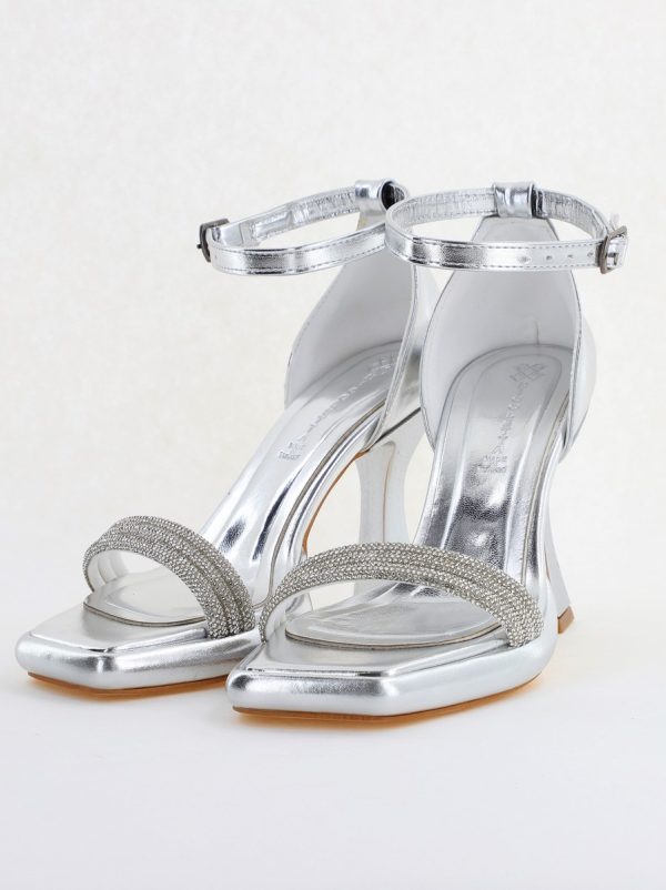 Sandale elegante pentru femei cu toc subțire din piele ecologică de culoare Argintiu metalic (BS013HSN2404181) 5