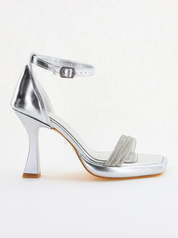Sandale elegante pentru femei cu toc subțire din piele ecologică de culoare Argintiu metalic (BS013HSN2404181) 6