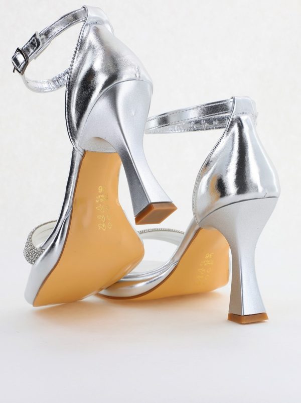 Sandale elegante pentru femei cu toc subțire din piele ecologică de culoare Argintiu metalic (BS013HSN2404181) 9