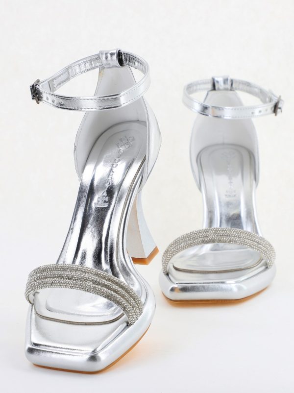 Sandale elegante pentru femei cu toc subțire din piele ecologică de culoare Argintiu metalic (BS013HSN2404181) 10