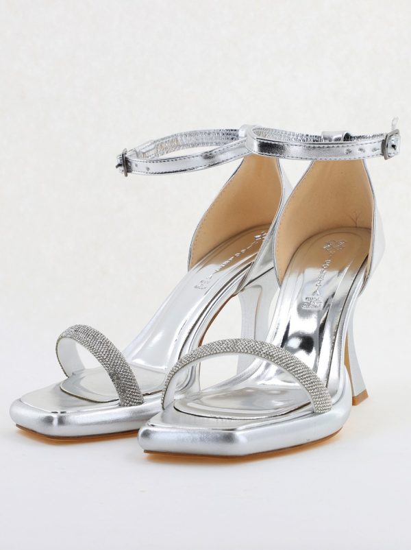 Sandale elegante pentru femei cu toc subțire din piele ecologică de culoare Argintiu metalic (BS014HSN2404186) 5