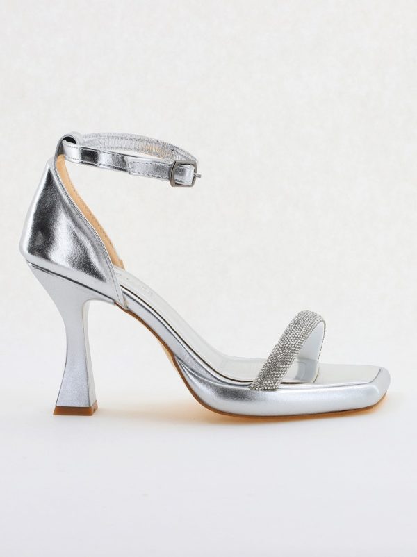 Sandale elegante pentru femei cu toc subțire din piele ecologică de culoare Argintiu metalic (BS014HSN2404186) 8