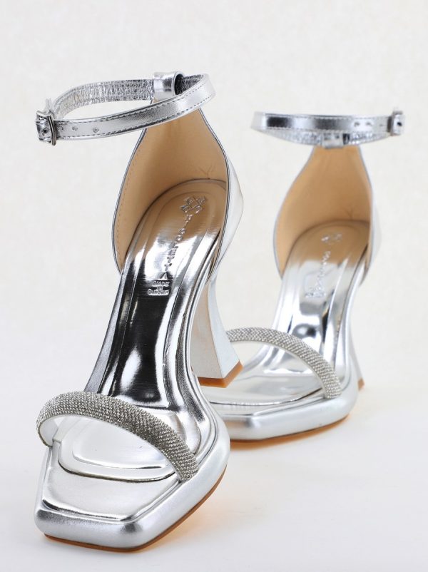 Sandale elegante pentru femei cu toc subțire din piele ecologică de culoare Argintiu metalic (BS014HSN2404186) 7