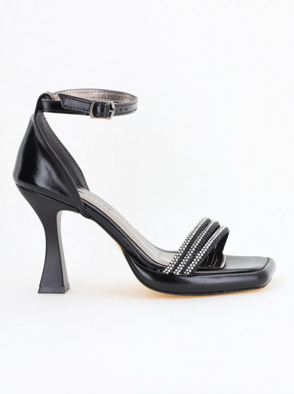 Sandale elegante pentru femei cu toc subțire din piele ecologică de culoare negru (BS013HSN2404180) 12