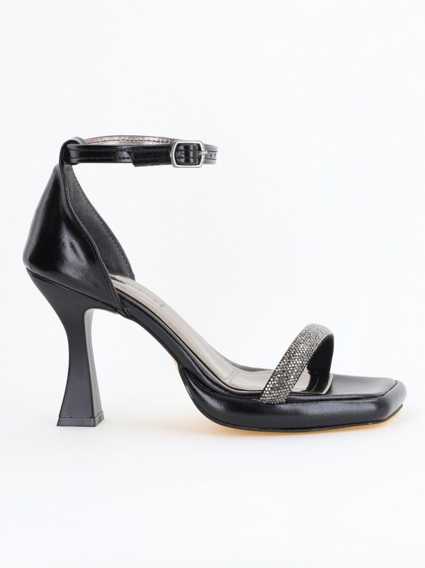 Sandale elegante pentru femei cu toc subțire din piele ecologică de culoare negru (BS014HSN2404187) 11