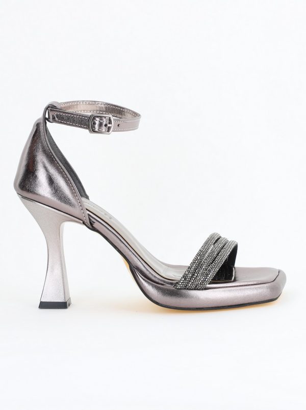 Sandale elegante pentru femei cu toc subțire din piele ecologică de culoare Platina metalic (BS013HSN2404182) 8