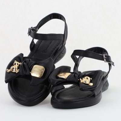 Sandale pentru femei cu fundiță din piele ecologică, culoarea negru (BS410SN2404188)