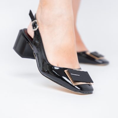 Pantofi cu Toc Eleganti Decupați cu Pietricele din Piele Ecologica culoare Negru Lucios - BS1311AY2405268