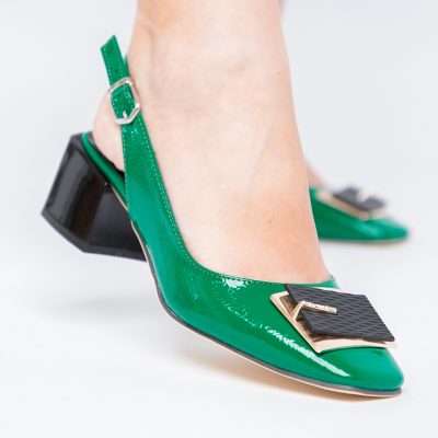 Pantofi cu Toc Eleganti Decupați cu Pietricele din Piele Ecologica culoare Verde Lucios - BS1311AY2405269