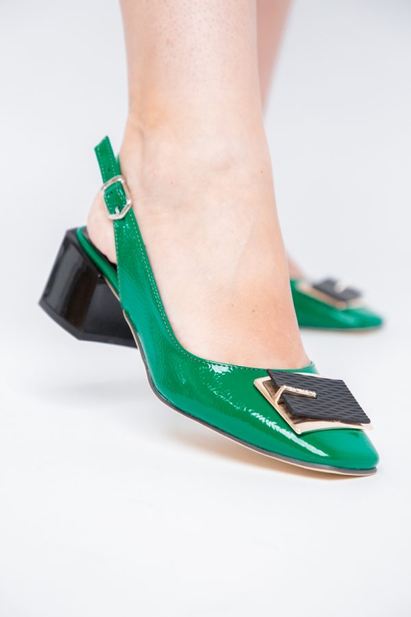 Pantofi cu Toc Eleganti Decupați cu Pietricele din Piele Ecologica culoare Verde Lucios - BS1311AY2405269 173
