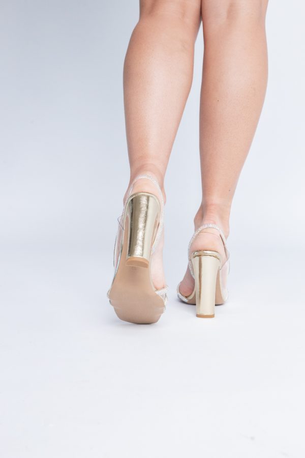 Sandale elegante cu toc pentru femei din piele ecologică împodobite cu detalii subtile de pietricele culoare auriu (BS855SN2404232) 179