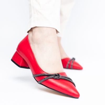 Pantofi Damă cu Toc Jos din Piele Ecologică cu pietricele culoare Roșu (BS023AY2405457)
