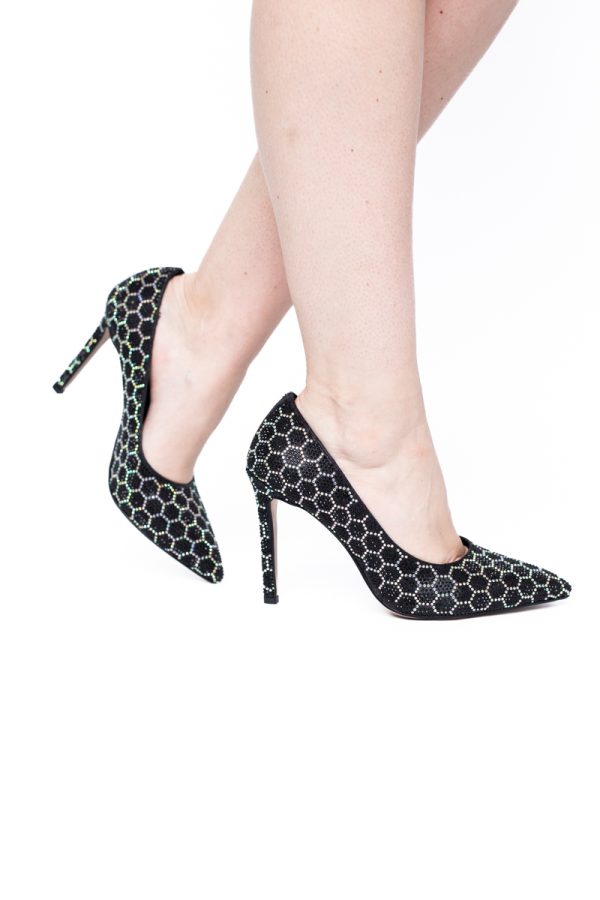 Pantofi cu toc stiletto pentru femei din piele ecologică încrustați cu pietre model fagure Negru (BS825AY2404224) 173