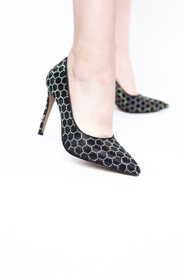 Pantofi cu toc stiletto pentru femei din piele ecologică încrustați cu pietre model fagure Negru (BS825AY2404224) 175