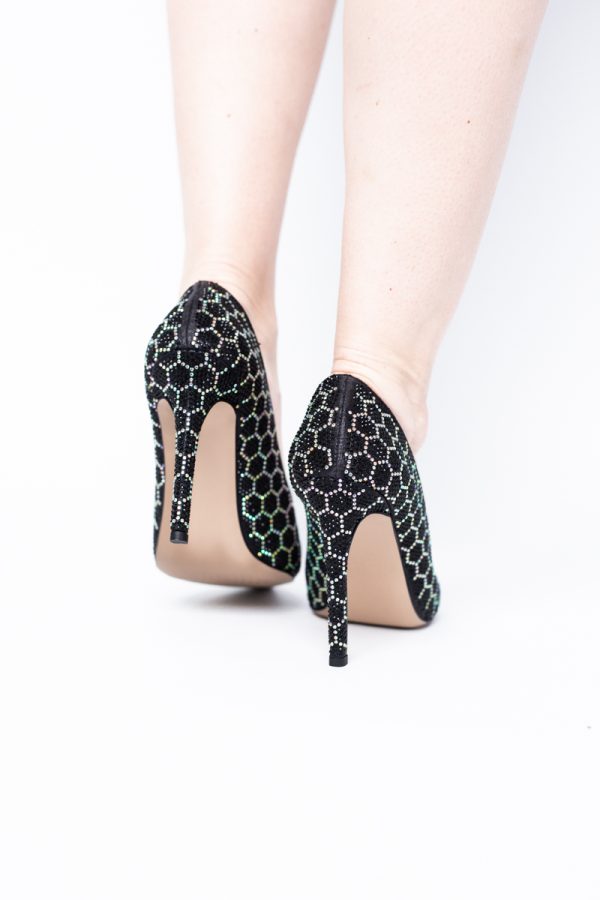 Pantofi cu toc stiletto pentru femei din piele ecologică încrustați cu pietre model fagure Negru (BS825AY2404224) 177