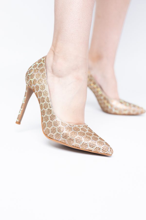 Pantofi cu toc stiletto pentru femei din piele ecologică încrustați cu pietre model fagure Auriu (BS825AY2404226) 175