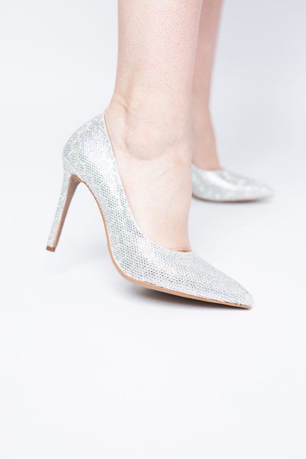 Pantofi cu toc stiletto pentru femei din piele ecologică încrustați cu pietre model fagure Argintiu (BS825AY2404225) 175
