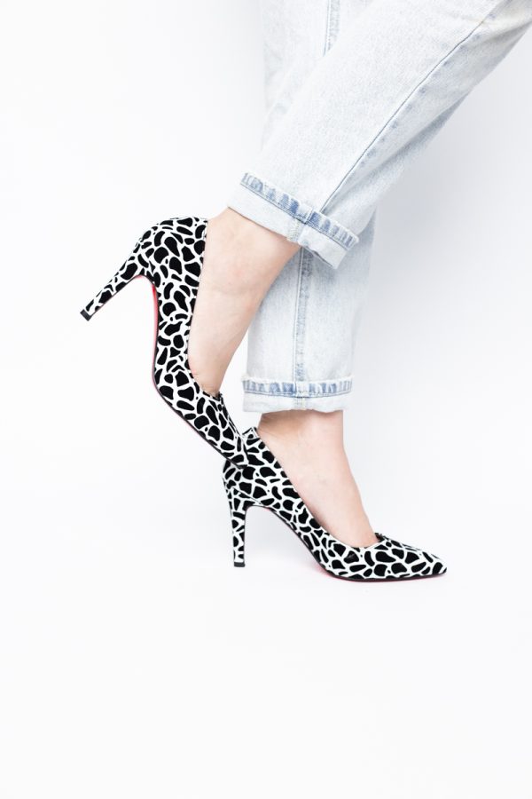Pantofi Dama cu Toc Subtire Stiletto Piele Ecologică negru cu pete (BS799AY2405419) 175