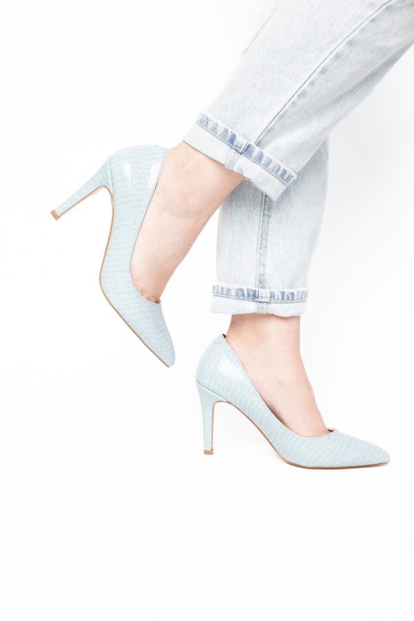Pantofi Dama cu Toc Subtire Stiletto Piele Ecologică texturată albastru deschis (BS799AY2405292) 175