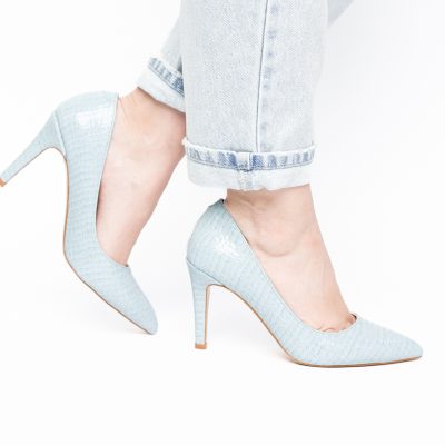 Pantofi Dama cu Toc Subtire Stiletto Piele Ecologică texturată albastru deschis (BS799AY2405292)
