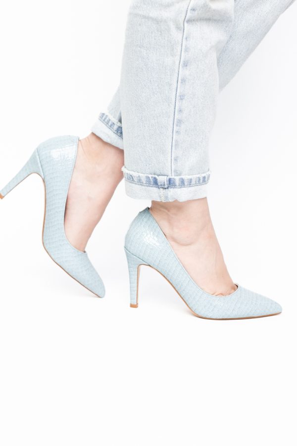 Pantofi Dama cu Toc Subtire Stiletto Piele Ecologică texturată albastru deschis (BS799AY2405292) 173