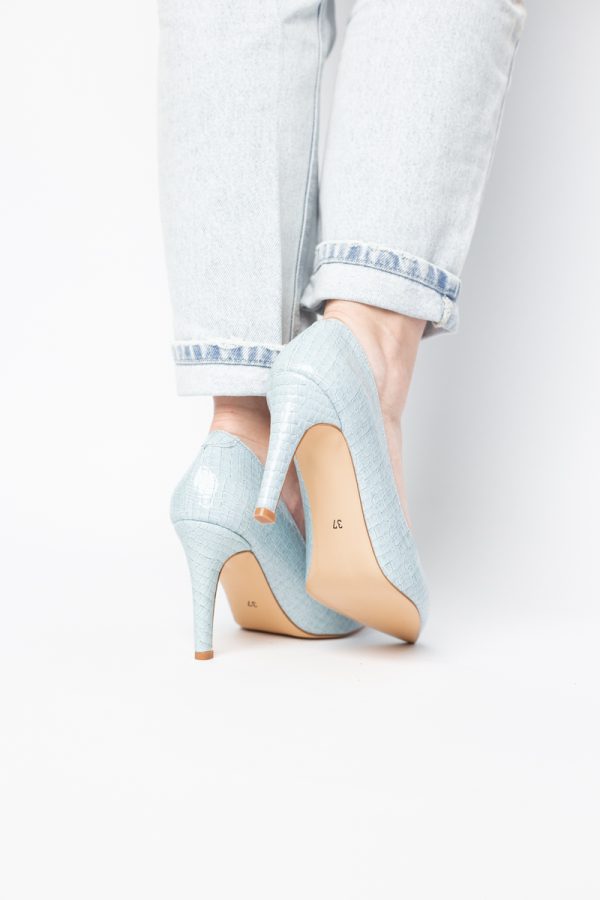 Pantofi Dama cu Toc Subtire Stiletto Piele Ecologică texturată albastru deschis (BS799AY2405292) 177