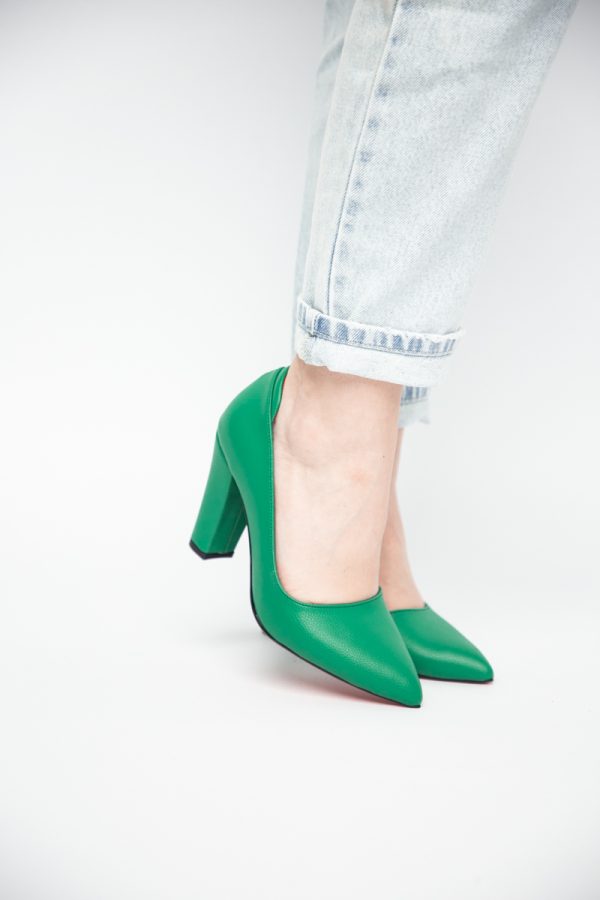 Pantofi pentru Femei cu Toc Gros Piele Ecologică Varf Ascutit culoare Verde - BS980AY2405427 177