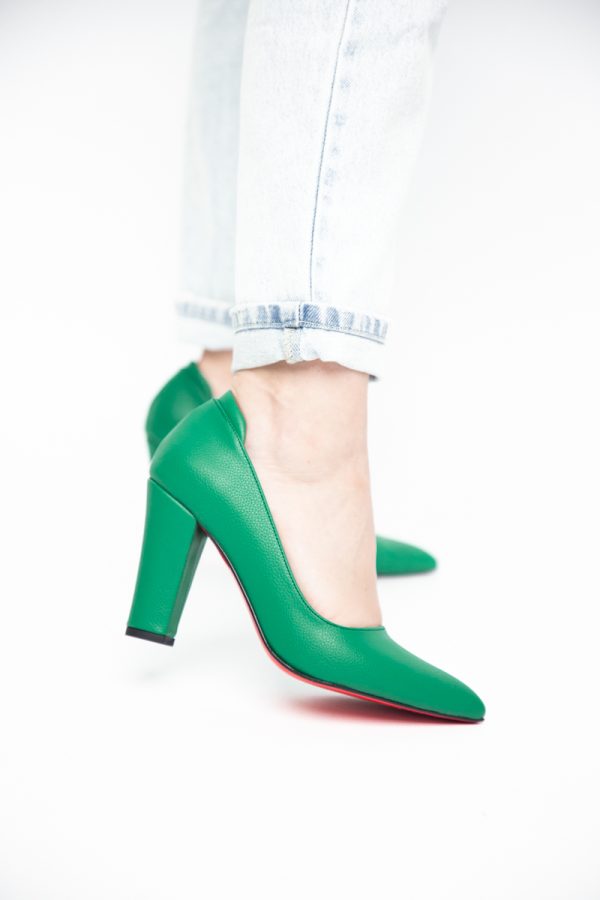 Pantofi pentru Femei cu Toc Gros Piele Ecologică Varf Ascutit culoare Verde - BS980AY2405427 175