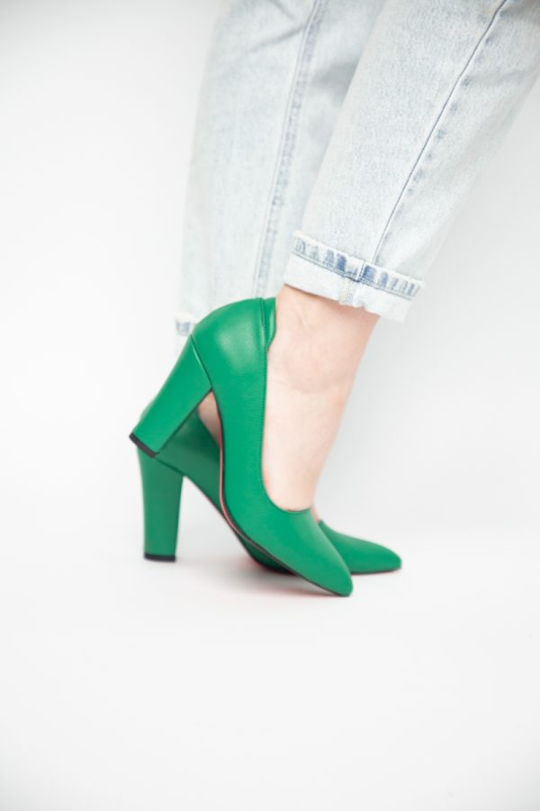 Pantofi pentru Femei cu Toc Gros Piele Ecologică Varf Ascutit culoare Verde - BS980AY2405427 173