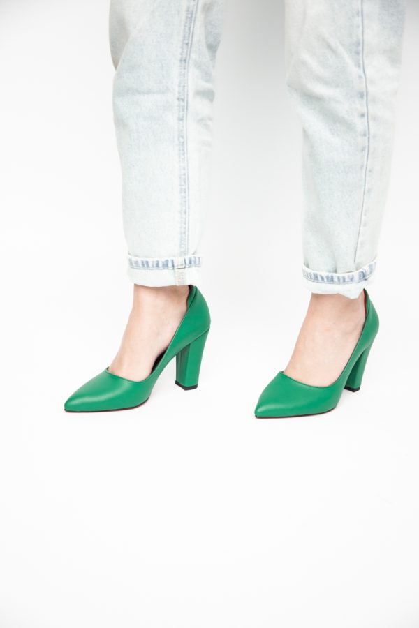 Pantofi pentru Femei cu Toc Gros Piele Ecologică Varf Ascutit culoare Verde - BS980AY2405427 179