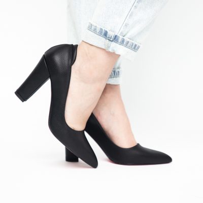 Pantofi pentru Femei cu Toc Gros Piele Ecologică Varf Ascutit culoare Negru - BS980AY2405428