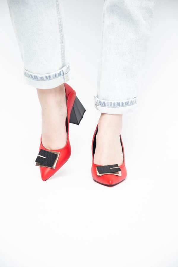 Pantofi Femei cu Toc Gros Piele Ecologică Varf Ascutit design cu pietricele Roșu- BS2003D2405413 175