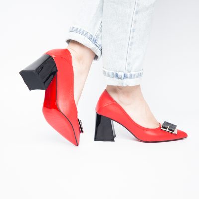 Pantofi Femei cu Toc Gros Piele Ecologică Varf Ascutit design cu pietricele Roșu- BS2003D2405413