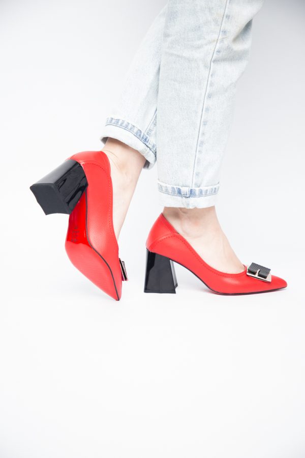 Pantofi Femei cu Toc Gros Piele Ecologică Varf Ascutit design cu pietricele Roșu- BS2003D2405413 173