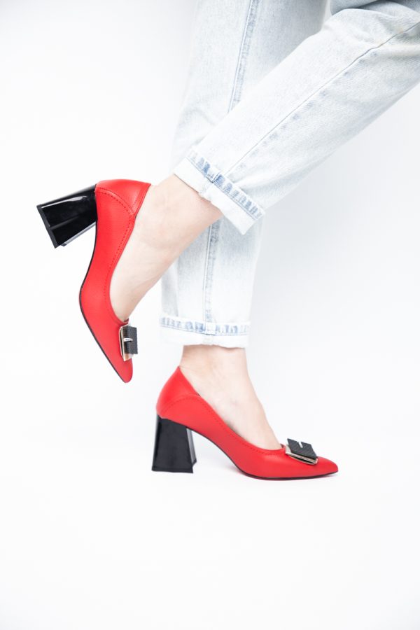 Pantofi Femei cu Toc Gros Piele Ecologică Varf Ascutit design cu pietricele Roșu- BS2003D2405413 177
